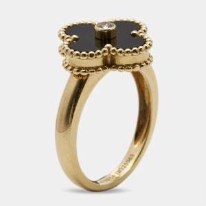Pre Owned Van Cleef & Arpels Vintage Alhambra Onyx Diamond 18k Yellow Gold Ring Size 54