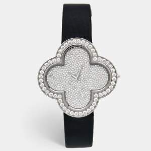 Pre Owned Van Cleef & Arpels Diamond Pave 18K White Gold Satin Leather Alhambra VCARO41B00 Women's Wristwatch 40 mm