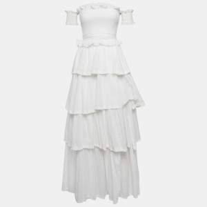 Pre Owned V.Chapman White Cotton Fil Coupe Tiered Angelina Belted Gown XS
