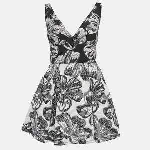 Vera Wang Black Floral Brocade Pleated Mini Dress S