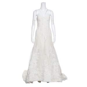 Vera Wang Luxe Cream Floral Lace Applique Embellished High Low Wedding Gown M