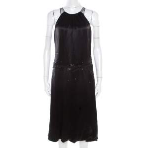 Vera Wang Black Embellished Satin Bod Detail Sleeveless Dress M