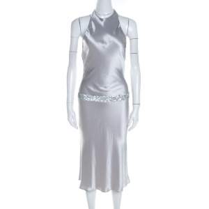 Vera Wang Grey Satin Sequin Embellished Halter Tie Up Flared Dress S