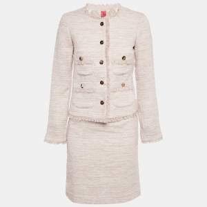 Pre Owned Veronica Virta Pink Lurex Tweed Blazer & Skirt Suit Set XS