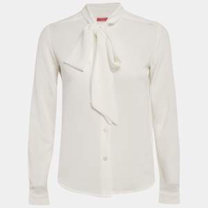 Pre Owned Veronica Virta White Crepe Neck Tie -Up Detail Blouse XS