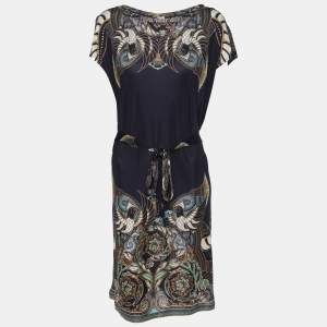 Versace Collection Blue Printed Jersey Belted Mini Dress M