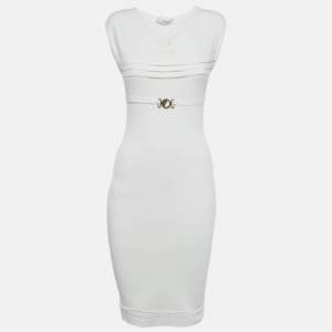 Pre Owned Versace Collection White Jersey Belt Detail Bodycon Dress S