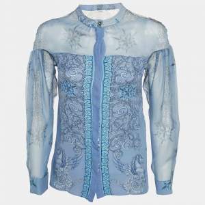 Versace Collection Blue Printed Silk Sheer Shirt S