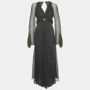 Pre Owned Versace Collection Black Silk Drape Detail V-Neck Maxi Dress M