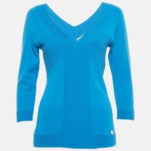 Versace Collection Blue Textured Stretch Knit V-Neck Pullover L