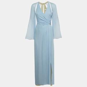 Pre Owned Versace Collection Blue Silk Drape Detail Maxi Dress S