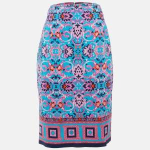 Pre Owned Versace Collection Blue Printed Crepe Midi Skirt M