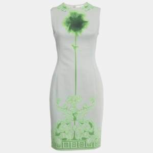 Pre Owned Versace Collection Grey /Green Printed Cotton & Crepe Sheath Dress M