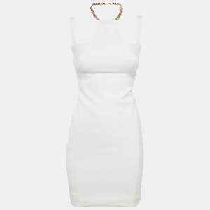 Pre Owned فستان فيرساتشي كولكشن كريب أبيض بتفاصيل سلسلة قصير مقاس متوسط - ميديوم