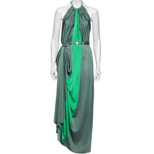 Versace Collection Green Paneled Knit Halter Neck Belted Maxi Dress M