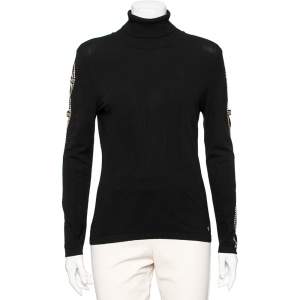 Versace Collection Black Knit Cut Out Detail Stud Embellished Turtle Neck Sweater L