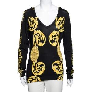 Versace Collection Black and Gold Cage Baroque Print Knit Long Sleeve V Neck Top L
