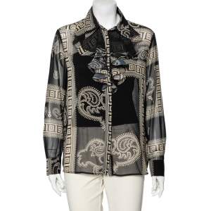 Versace Collection Black Printed Silk Ruffle Detailed Front Long Sleeve Blouse M