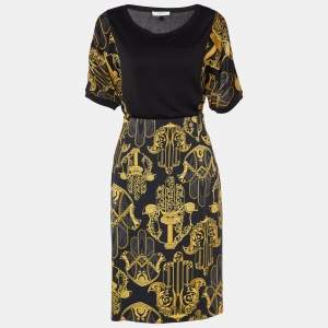 Versace Collection Black Printed Silk Knit Top & Crepe Pencil Skirt Set S