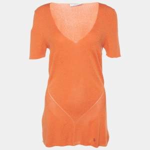 Versace Collection Orange Rib Knit V-Neck Sweater L