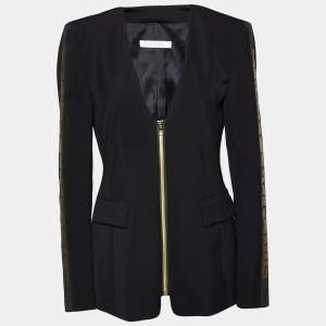 Versace Collection Black Crepe Logo Detail Zip Front Deep Neck Jacket M