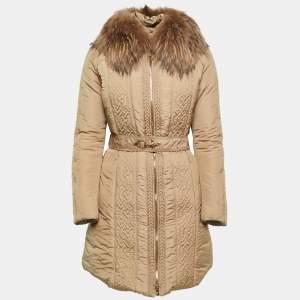 Versace Collection Beige Fur Trim Collar Belted Down Jacket M