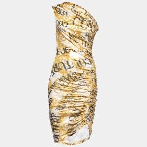 Versace Jeans Couture Metallic Baroque Print Stretch Synthetic One Shoulder Dress M