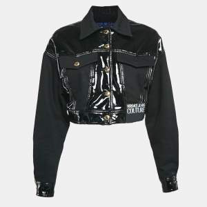 Versace Jeans Couture Black Logo Applique Faux Leather and Denim Crop Jacket XS