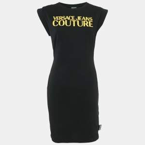 مملوكة مسبقًا Versace Jeans Couture Black Logo Embroidered Cotton Knit Mini Dress M