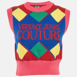Versace Jeans Couture Multicolor Logo Cotton Knit Cropped Sweater XS
