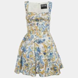 Pre Owned Versace Jeans Couture White Baroque Print Mini Sleeveless Dress S