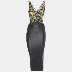 Pre Owned Versace Jeans Couture Black Printed Jersey Cut- Out Midi Dress XS
