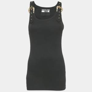 Pre Owned Versace Jeans Couture Black Rib Knit Buckle Detail Tank Top M