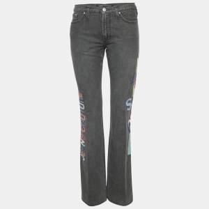 مملوكة مسبقًا بنطلون جينز فيرساتشي كوتور جينز قطن رمادي مطرز واسع الساق مقاس متوسط - ميديم / الخصر 30 بوصة