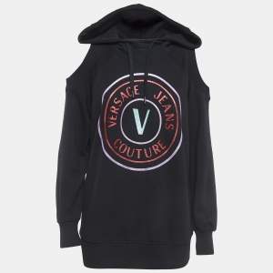 Versace Jeans Couture Black Logo Print Cotton Cold Shoulder Hooded Sweatshirt S