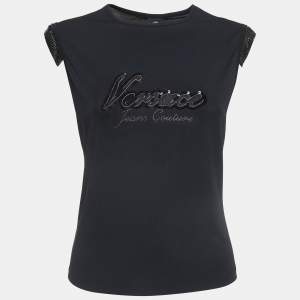 Pre Owned Versace Jeans Couture Vintage Black Logo Embroidered Jersey Sleeveless Top L