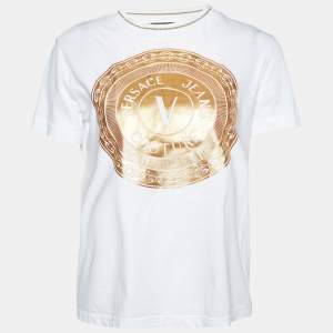 Pre Owned Versace Jeans Couture White Metallic Logo Print Cotton T-Shirt S