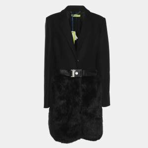 Versace Jeans Black Wool Blend and Faux Fur Belted Blazer L