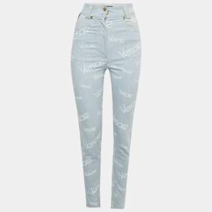 Pre Owned Versace Jeans Blue Logo Print Denim Skinny Jeans S Waist 24"