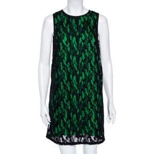 فستان فيرساتشي جينز دانتيل أسود وأخضر طبقات بلا أكمام مقاس متوسط - ميديوم
