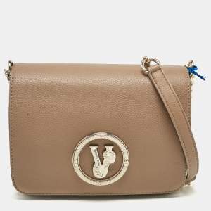 Versace Jeans Brown Leather Logo Flap Shoulder Bag