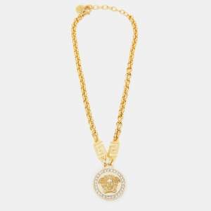 Versace La Medusa Greca  Crystal  Gold Tone Chain Necklace