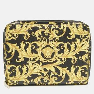 Versace Black/Yellow Leather Baroque Printed Zip Around iPad Case