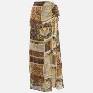 Pre Owned Gianni Versace Yellow/Black Barocco Print Silk Sarong Wrap Skirt M