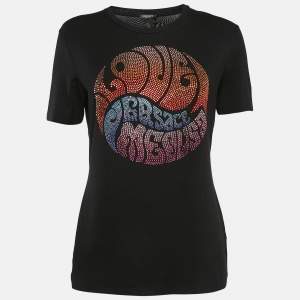 Pre Owned Versace Black Jersey Rhinestone Detail T-Shirt L