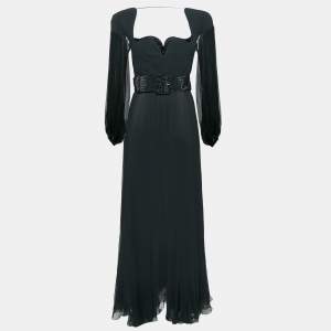 Versace Black Crepe and Silk Rhinestone Belted Maxi Dress S