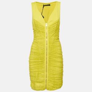 Versace Yellow Embellished Tulle and Jersey Ruche Mini Dress M