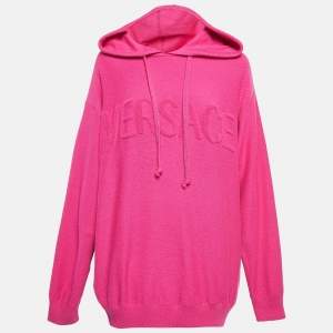 Versace Pink Logo Embossed Wool Knit Hooded Sweater M