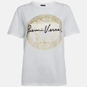 Pre Owned Versace White Logo Print Cotton Crew Neck T-Shirt