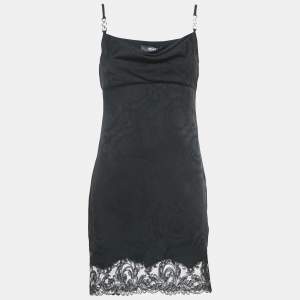 Versace Black Lace Trim Jacquard Satin Cowl Neck Mini Dress S